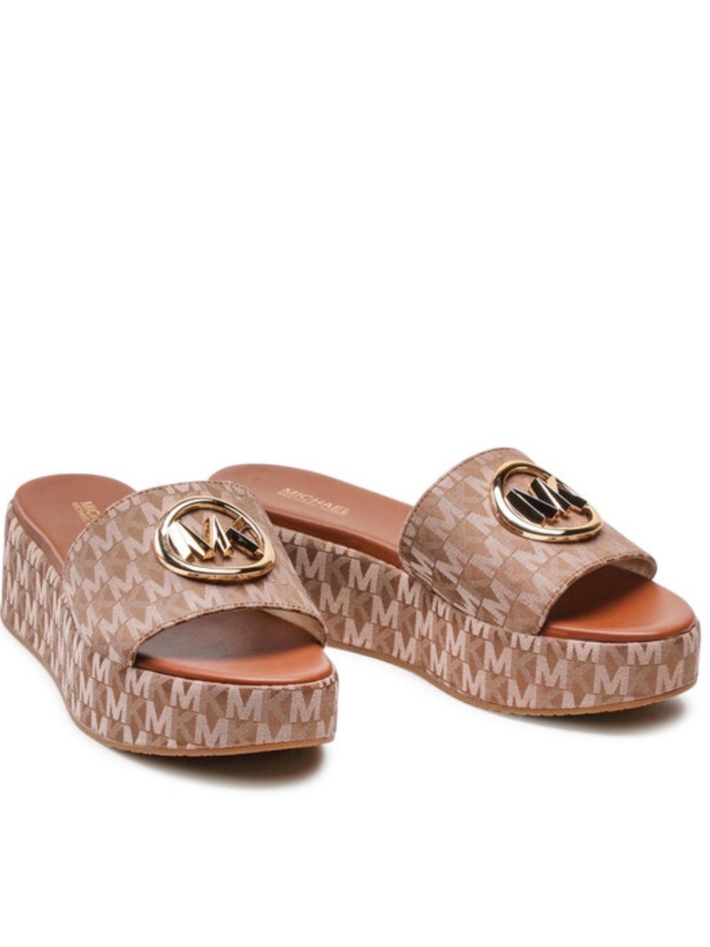 MICHAEL Michael Kors Brown Monogram Platform Slide Sandals with Gold Logo